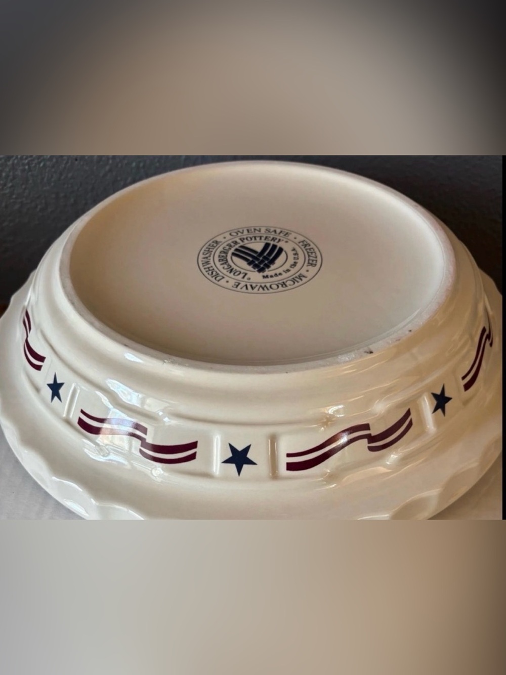 Patriotic Star & Stripes Pie Plate Cream Blue Red Accents LONGABERGER 🇺🇸 RARE 🇺🇸